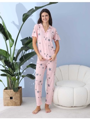 Lindros Kadın Gömlek Yaka -Yıldız Desenli- Kısa Kol Pijama Takımı-Toz PEMBE-%100 Pamuk