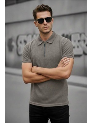 Oksit Robb Erkek Yarım Fermuarlı Dokulu Polo Yaka Kısa Kollu Slim Fit Tişört