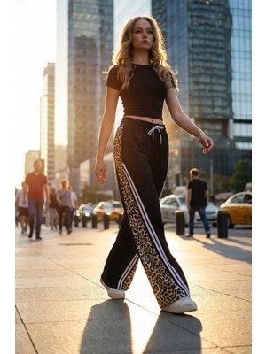 Lior Design Bej Çift Cepli Leopar Desenli Ispanyol Paça Pantolon BCHYL-251257