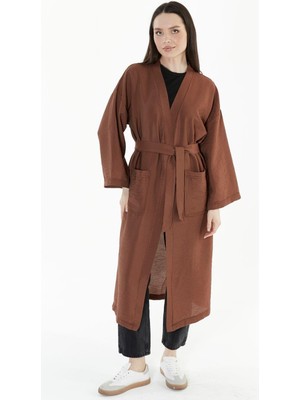İlmek 5301 Kadın Kahverengi Cepli Kemerli Uzun Kimono