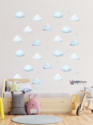 Dijidepo Mavi Bulutlar ve Yıldızlar Duvar Sticker Seti Sulu Boya Duvar Çıkartması Uyku Temalı Dekoru