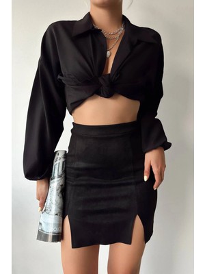 Lior Design Siyah Çift Yırtmaçlı Fermuarlı Kaşe Etek BC231015