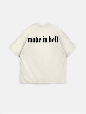 Elku Moda Made In Hell Slogan Gotik Oversize Tişört %100 Pamuklu Bisiklet Yaka T-Shirt Salaş Dökümlü Bol