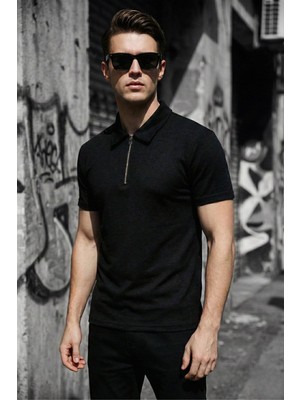 Oksit Robb Erkek Yarım Fermuarlı Dokulu Polo Yaka Kısa Kollu Slim Fit Tişört