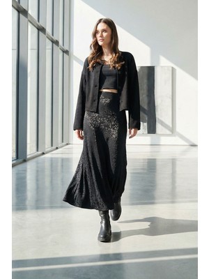 Lior Design Siyah Desenli Fermuar Kapamalı Midi Boy Etek BCHCA-251234