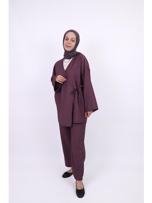 İlmek Kadın Modal Dökümlü Kimono Takım Mürdüm