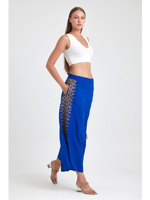 Lior Design Maxi Boy Saks Nakış Işlemeli Rahat Kalıp Şalvar Pantolon BCVL-25929