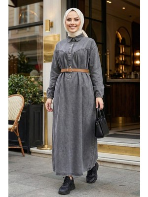 Kadın Kemerli Düğmeli Gri Kot Tesettür Elbise