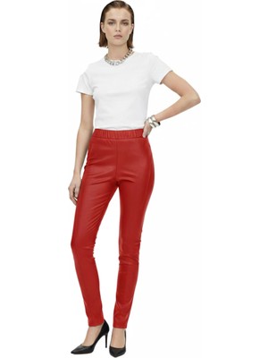 Deriderim Kırmızı Kadın Beli Lastikli Cepsiz Tayt Hakiki Streç Deri Pantolon