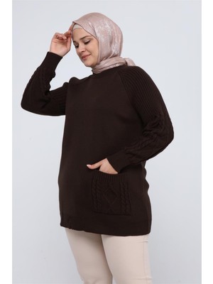 İlmek Kadın Büyük Beden Kolu Saç Örgülü Cepli Triko Tunik 4372
