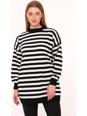 İlmek 4374 Triko Çizgili Basic Kazak Siyah