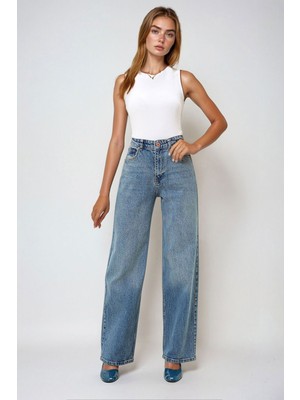 Lior Design Mavi Yüksek Bel Palazzo Kesim Jean Pantolon BCHNW-251176