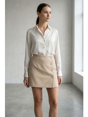 Lior Design Bej Düğmeli Dokuma Kumaş Şortlu Etek BCVDO-251000