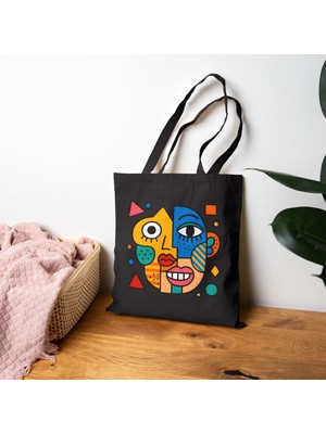 Tişört Kodu Modern Sanat Desenli Gabardin Fermuarlı Tote Çanta – Renkli Yüz Tasarımı
