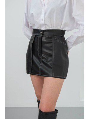 Lior Design Siyah Kontrast Dikiş Detaylı Şort Etek BCHN-25W260015