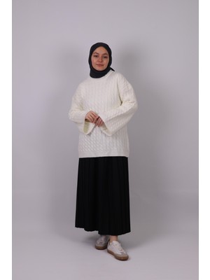 İlmek 25002 Saç Örgü Detaylı Kimono Kollu Kazak Ekru