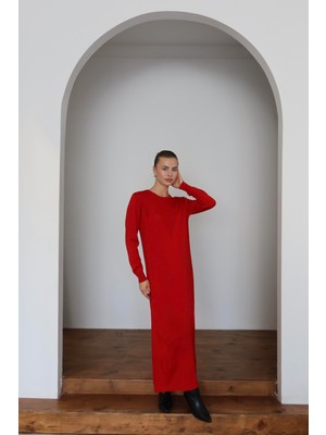 İlmek 25015 Kadın V Desen Premium Iplik Triko Elbise Kırmızı