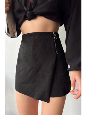 Lior Design Siyah Fermuar Detaylı Süet Şort Etek BC231014