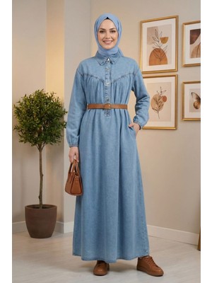 Kadın Kemerli Düğmeli Açık Mavi Kot Tesettür Elbise