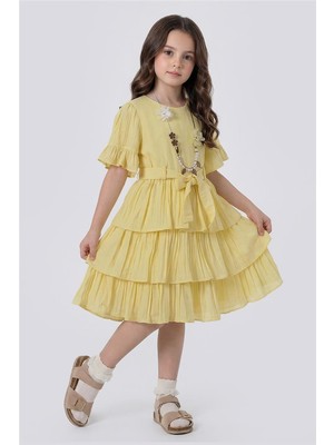 Pina Kids Kız Çocuk  Eteği Katlı Kısa Kollu Kolyeli Elbise