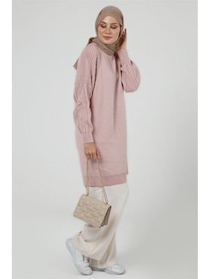 İlmek Kadın Kolu Saç Örgü Desenli Triko Tesettür Tunik 4303