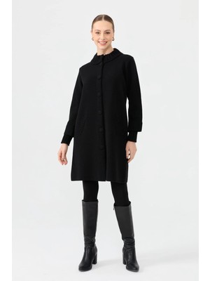 Desen Triko Kadın Dik Yaka Basic Uzun Yün Kaban 24045 Siyah