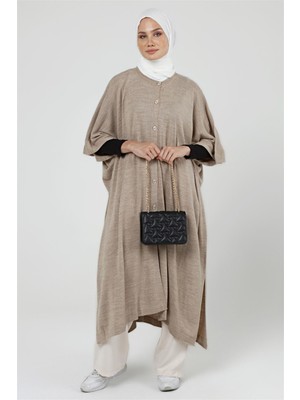 İlmek Kadın Düğmeli Uzun Salaş Kışlık Triko Panço 4253