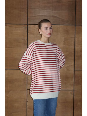 İlmek 25034 Kadın Oversize Çizgili Kazak Kırmızı