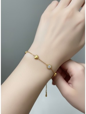 Atalya Accessory Kalpli Taşlı Kararmaz Çelik Bileklik Minimal Kalp Figürlü Sevgililer Günü Hediyesi Kadın Bileklik