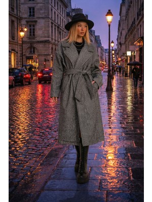 Lior Design Siyah Kruvaze Beli Kemerli Balık Sırtı Desenli Kaşe Palto BCHRQ-251213