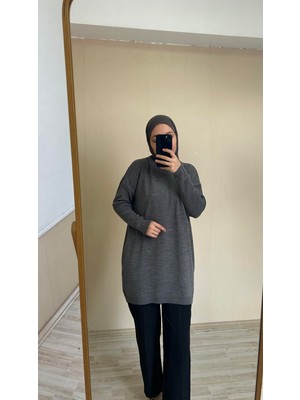İlmek 22177 Kadın Rahat Kalıp Ince Triko Basic Kazak Füme