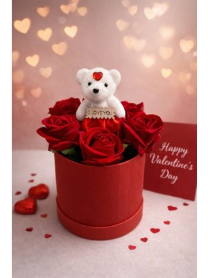 UltraMint Sevgililer Günü Ayıcıklı Gül Kutusu, Romantik Hediye, I Love You Yazılı