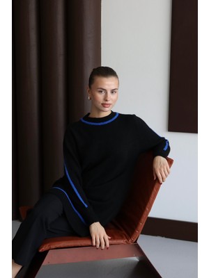 İlmek 25024 Kadın Çizgi Detaylı Yumuşak Dokulu Uzun Kazak Siyah