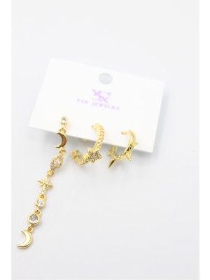 Royaleks 3'lü Ay Yıldız Küpe - Altın