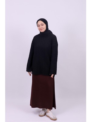 İlmek 25002 Saç Örgü Detaylı Kimono Kollu Kazak Siyah