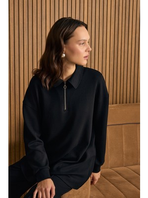 Aker Siyah Yakası Fermuarlı Sweatshirt