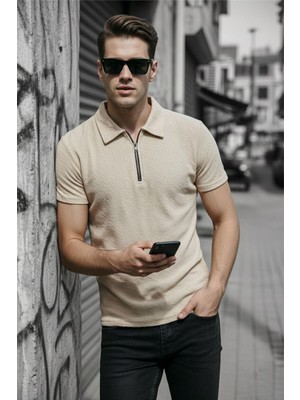 Oksit Robb Erkek Yarım Fermuarlı Dokulu Polo Yaka Kısa Kollu Slim Fit Tişört