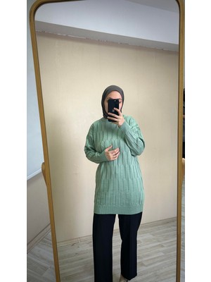 İlmek 25001 Kadın Merserize Mum Desenli Kazak Çağla Yeşili