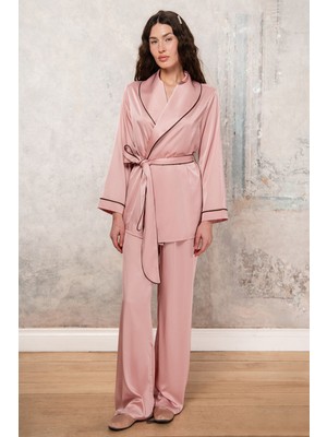 Feu De Elu Chiara Gül Kurusu Uzun Saten Kruvaze Pijama Takımı