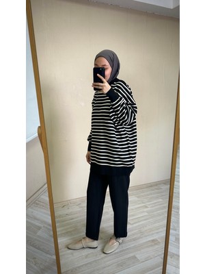 İlmek 25034 Kadın Oversize Çizgili Kazak Siyah