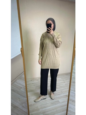 İlmek 25001 Kadın Merserize Mum Desenli Kazak Vizon