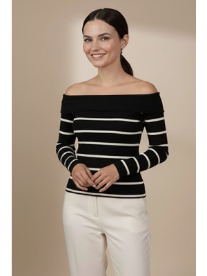 Libas Verda Kadın Siyah - Beyaz Çizgili Madonna Yaka Bluz