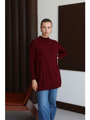 İlmek 22177 Kadın Rahat Kalıp Ince Triko Basic Kazak Bordo