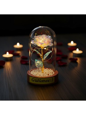Bsre Incili Işıklı Ters Fanus Içinde Gül Obje