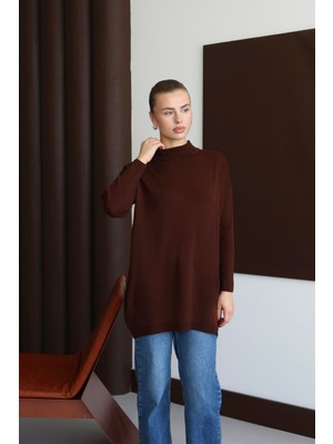 İlmek 22177 Kadın Rahat Kalıp Ince Triko Basic Kazak Kahverengi