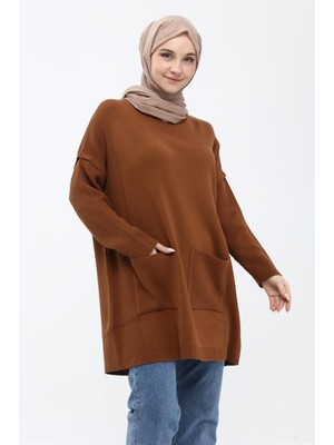 İlmek Kadın Cepli Uzun Tesettür Triko Tunik 4305