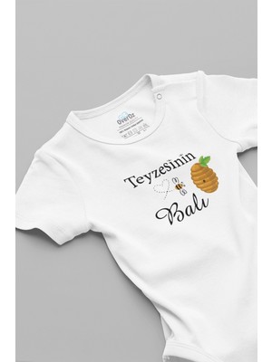 Overoz Teyzesinin Balı Yazılı Kısa Kollu Beyaz Bebek Body Zıbın 5585