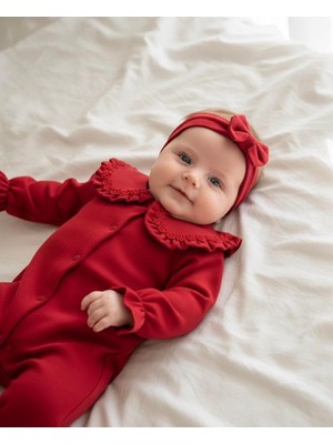 O Baby Kız Bebek Tulum & Fiyonklu Bandana Çiçek Işlemeli Bebe Yakalı - Kırmızı - 0-3-6 Ay