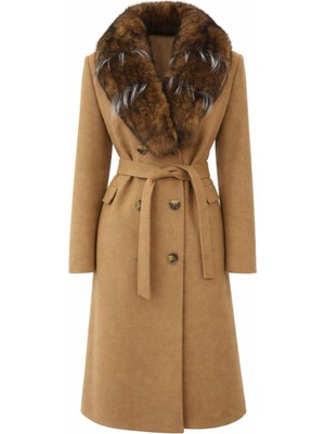 Esin Giyim Kürk Yakalı Kruvaze Kuşaklı Kaşe Kaban