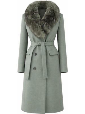 Esin Giyim Kürk Yakalı Kruvaze Kuşaklı Kaşe Kaban